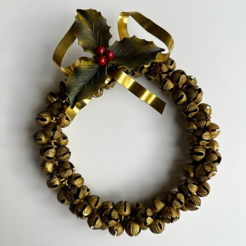 Vintage Petite Brass Jingle Bell WREATH w/ Bow + Holly Christmas Dresden VTG
